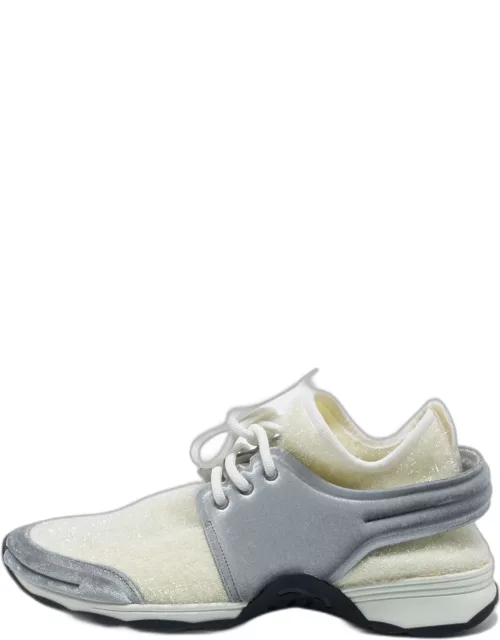 Chanel White/Grey Stretch Fabric and Corduroy CC Sneaker