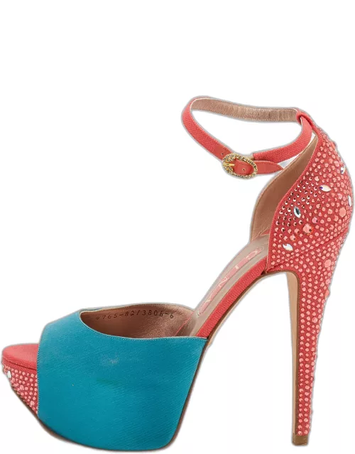 Gina Turquoise/Red Satin and Canvas Crystal Embellished Platform Ankle Strap Sandal