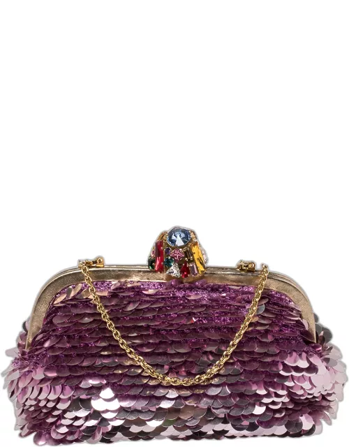 Dolce & Gabbana Pink Sequin Crystal Embellished Lock Frame Chain Clutch
