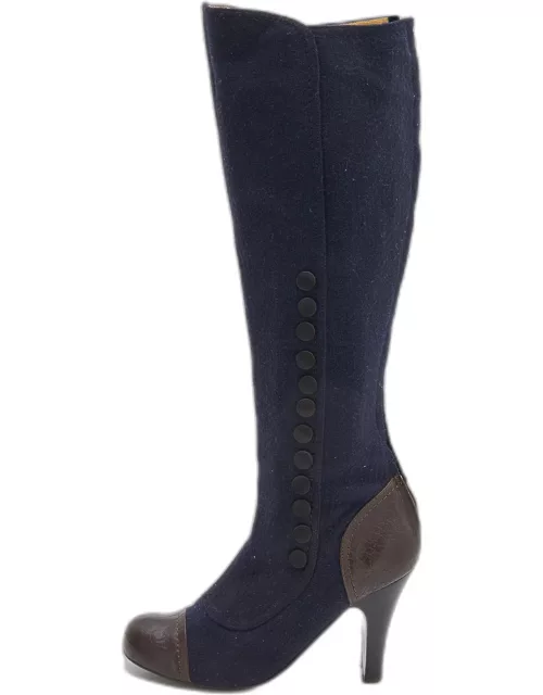 Lanvin Navy Blue/Brown Fabric And Leather Knee Length Boot