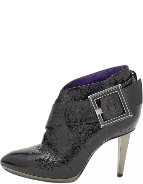 Sergio Rossi Black Patent Leather Buckle Detail Ankle Length Boot