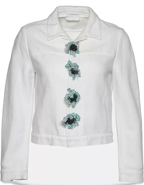 Marni White Cotton & Linen Contrast Button Detail Jacket