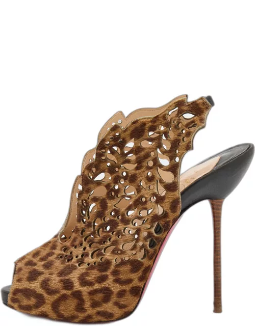Christian Louboutin Brown Leopard Print Calf Hair Laser Cut Out Markesling Slingback Bootie