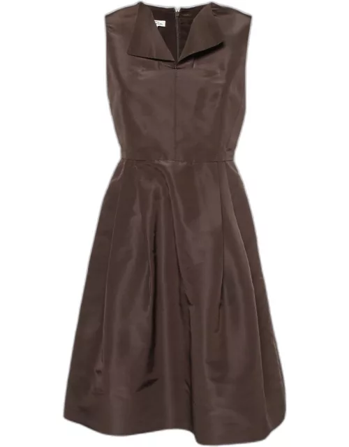 Oscar de la Renta Brown Silk Pleated Midi Dress