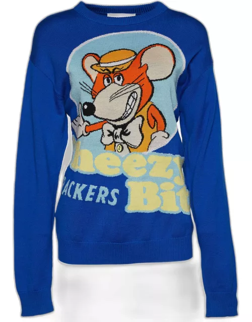 Moschino Couture Blue Cheezy Bits Wool Intarsia Knit Long Sleeve Jumper