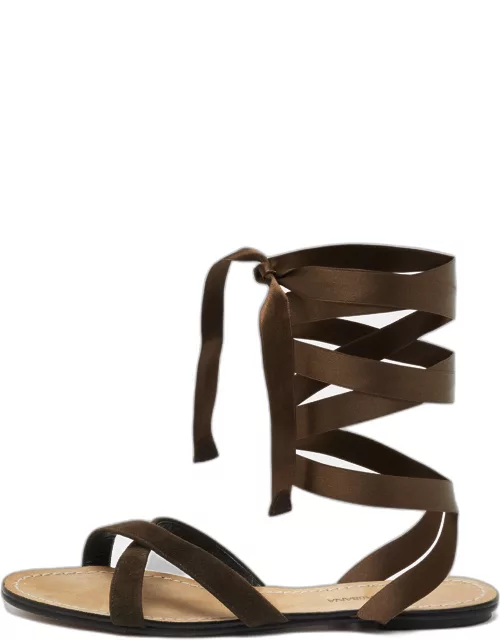 Dolce & Gabbana Brown Suede and Satin Ankle Wrap Flat Sandal
