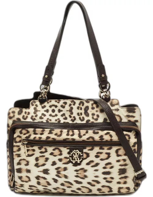 Roberto Cavalli Brown/Beige Leopard Satin and Leather Tote
