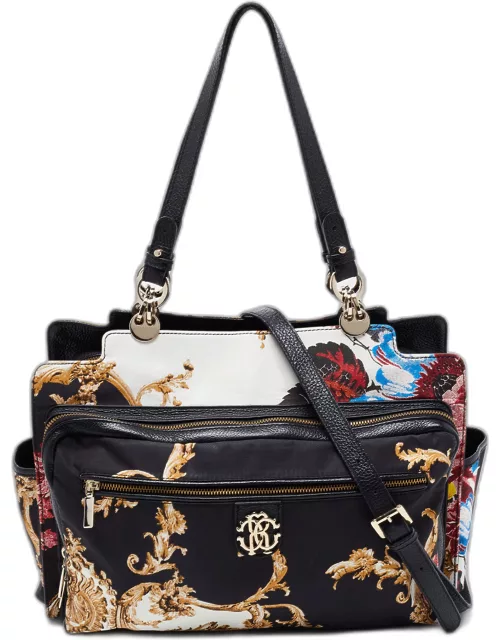 Roberto Cavalli Multicolor Floral Print Fabric and Leather Tote