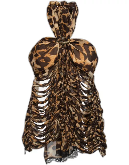 Gianfranco Ferre Animal Print Silk Tie Detail Cut-Out Strapless Top