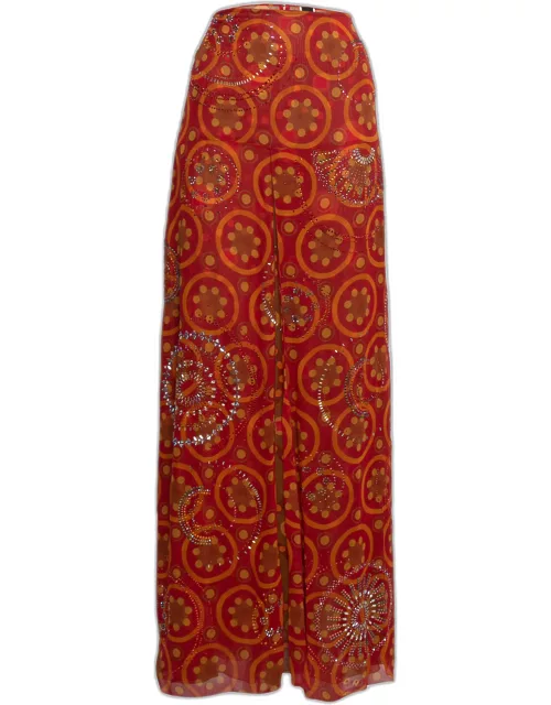 Gianfranco Ferre Vintage Red Printed Silk Embellished Maxi Skirt