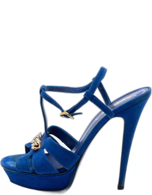Yves Saint Laurent Navy Blue Suede Chain Detail Platform Sandal