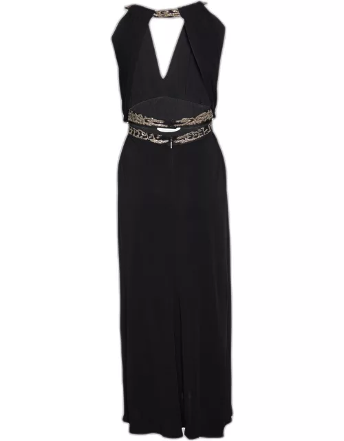 Roberto Cavalli Black Jersey Embellished Cutout Maxi Dress