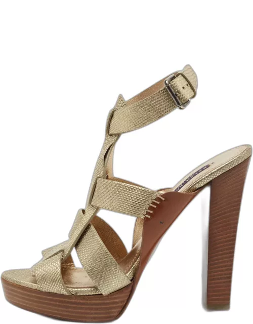 Ralph Lauren Collection Gold Lizard Embossed Leather Ankle Strap Sandal