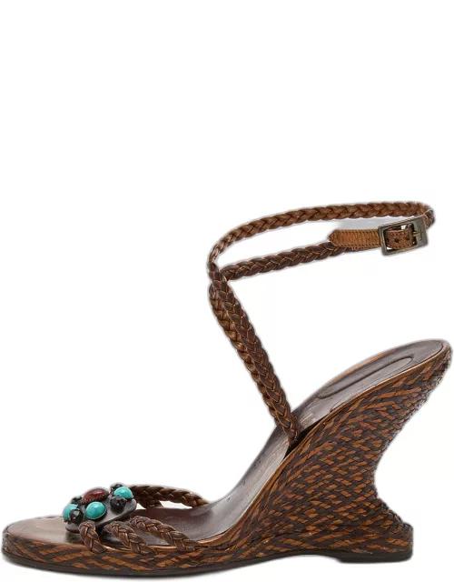 Salvatore Ferragamo Brown/Bronze Woven Leather Embellished Wedge Ankle Strap Sandal