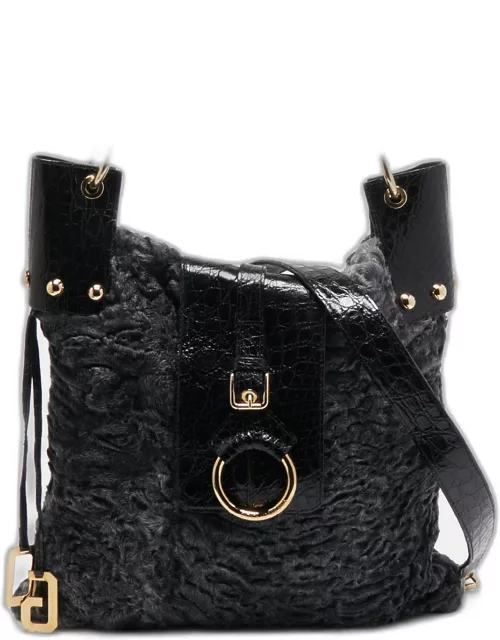 Dolce & Gabbana Black/Grey Embossed Leather and Fur Tote