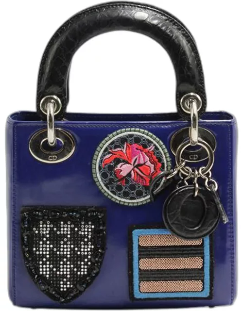 Dior Blue Patent Leather with Embroidered Patches Mini Lady Dior Tote Bag