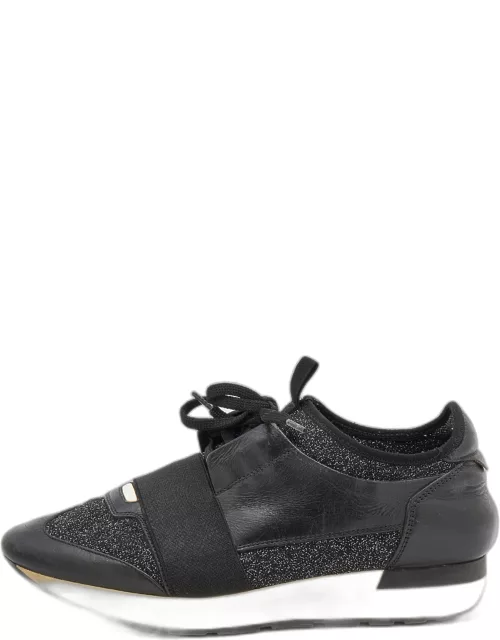 Balenciaga Black Leather and Fabric Race Runner Low Top Sneaker