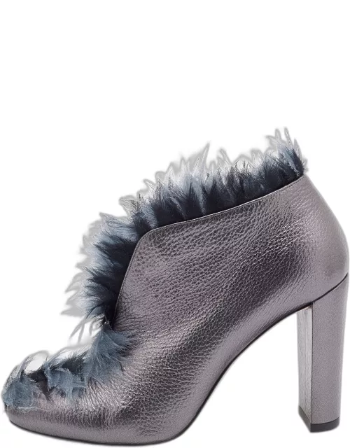 Jimmy Choo Metallic Grey Leather and Fabric Ladine Ankle Bootie