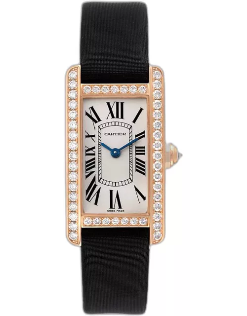 Cartier Silver Diamond 18k Rose Gold Tank Americaine WJTA0002 Quartz Women's Wristwatch 19 m