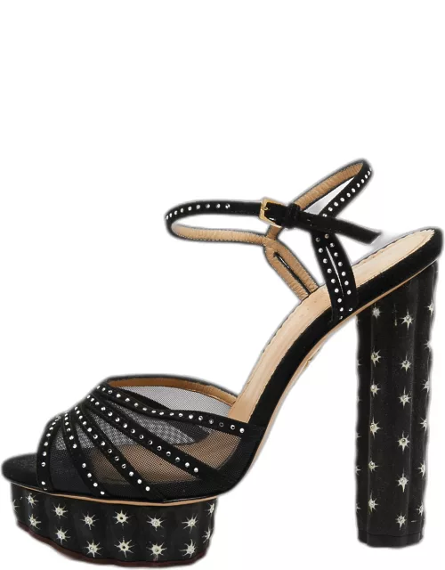 Charlotte Olympia Black Suede and Mesh Cactus Crystal Studded Ankle Strap Platform Sandal