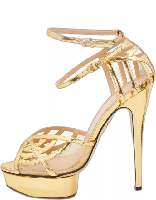 Charlotte Olympia Metallic Gold Patent Leather and Mesh Platform Ankle Strap Sandal