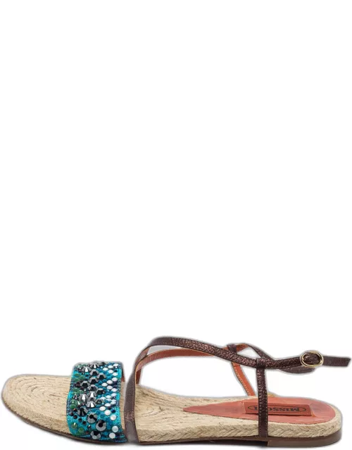 Missoni Blue/Dark Brown Crystal Embellished Fabric and Leather Ankle Strap Flat Sandal
