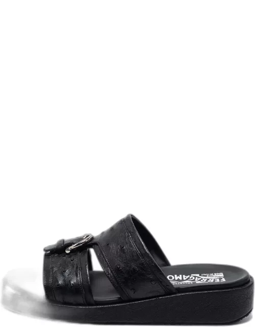 Salvatore Ferragamo Black Ostrich Leather Flat Sandal