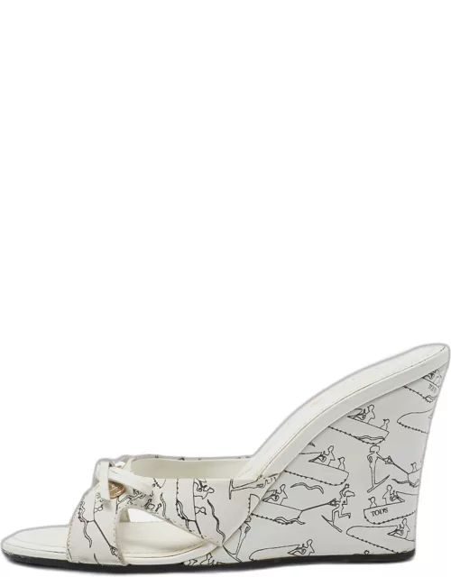 Tod's White Printed Leather Bow Detail Wedge Sandal