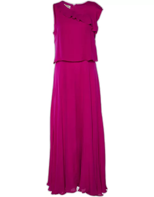 Emporio Armani Purple Silk Ruffle Overlay Detail Sleeveless Maxi Dress