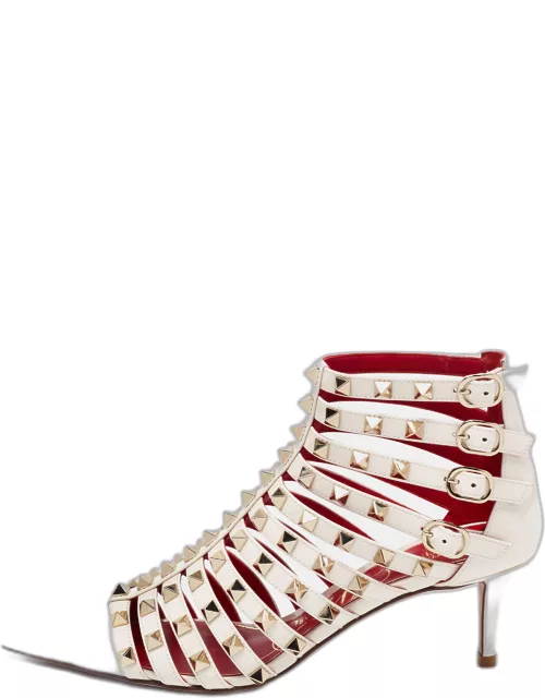 Valentino Off White Patent Leather Rockstud Alcove Ankle Bootie