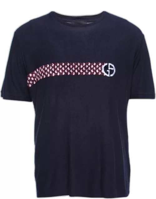 Giorgio Armani Navy Blue Flocked Logo Detail Knit T-Shirt