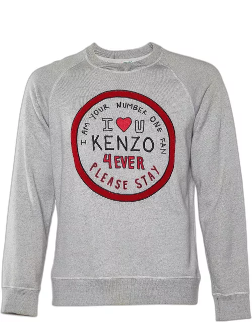 Kenzo Grey Cotton Knit I Love U Embroidered Sweatshirt