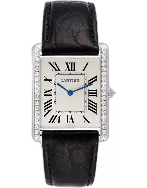 Cartier Silver Diamond 18k White Gold Tank Louis WT200006 Manual Winding Men's Wristwatch 35 m