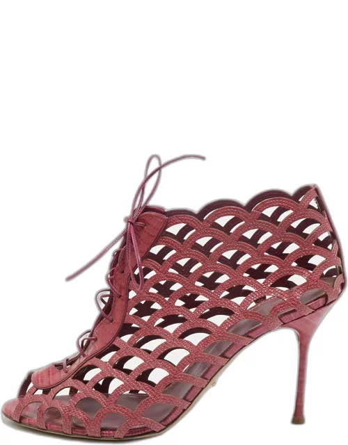Sergio Rossi Magenta Lizard Embossed Leather Cut Out Lace Up Ankle Bootie