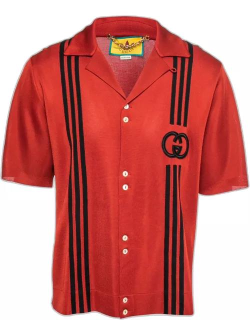 Gucci X Adidas Red GG Monogram Knit Short-Sleeve Shirt