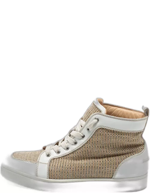 Christian Louboutin Beige/White Woven Fabric and Leather Rantus Orlato High Top Sneaker