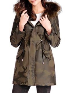 Camo Anorak Coat with Faux Fur Tri
