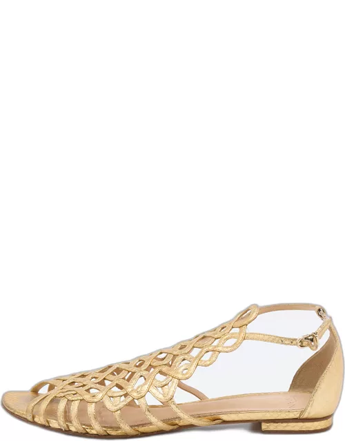 Alexandre Birman Gold Leather Strappy Flat Sandal