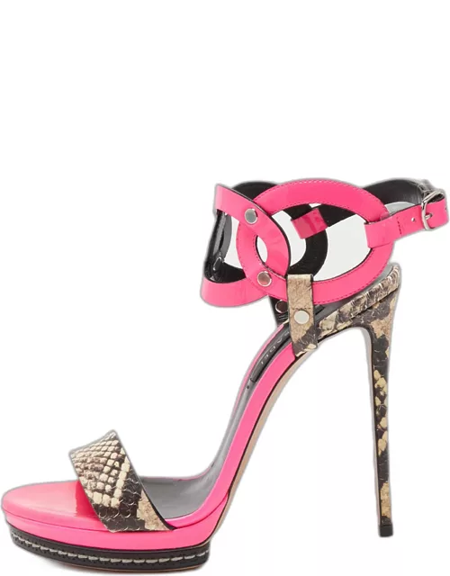Casadei Pink/Brown Python Embossed and Leather Platform Sandal
