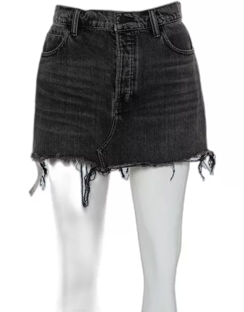 Denim X Alexander Wang Charcoal Grey Denim Distressed Frayed Hem Mini Skirt