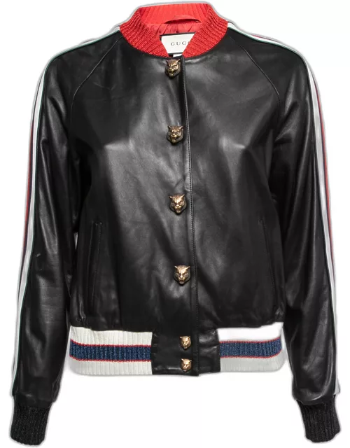 Gucci Black Leather Hollywood Embroidered Bomber Jacket