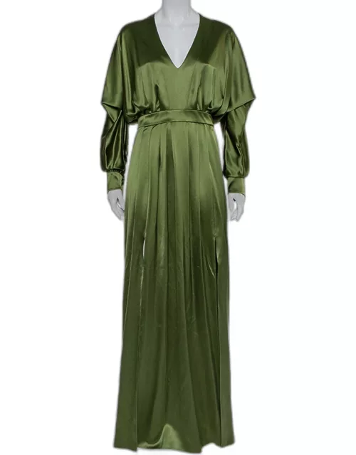 Balmain Green Silk Satin Pleated Front Slit Detail Maxi Dress