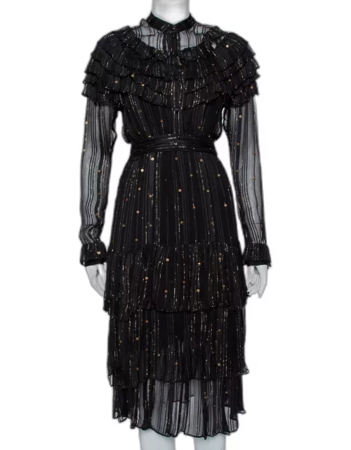 Dodo Bar Or Black Lurex Chiffon Ruffle Detail Tiered Belted Midi Dress