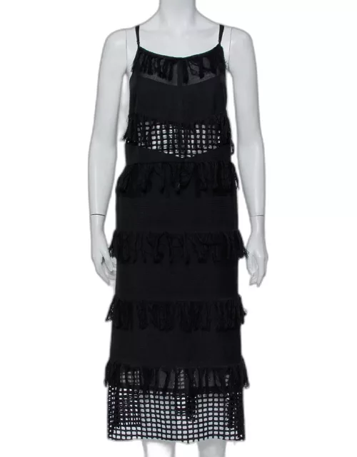 Sea Black Cotton Cutwork Paneled Fringed Midi Dress