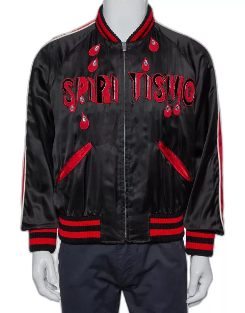 Gucci Black Satin Contrast Trim Spiritismo Applique Detail Bomber Jacket