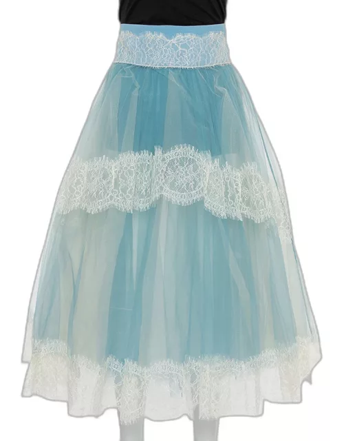 Elisabetta Franchi Blue Tulle & Lace Trim High Waist Sheer Midi Skirt