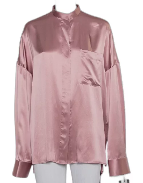 Haider Ackermann Pink Silk Satin Stand Collar Drop Shoulder Detail Dali Shirt