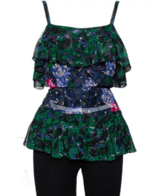 Anna Sui Multicolor Printed Silk Ruffled Sleeveless Top