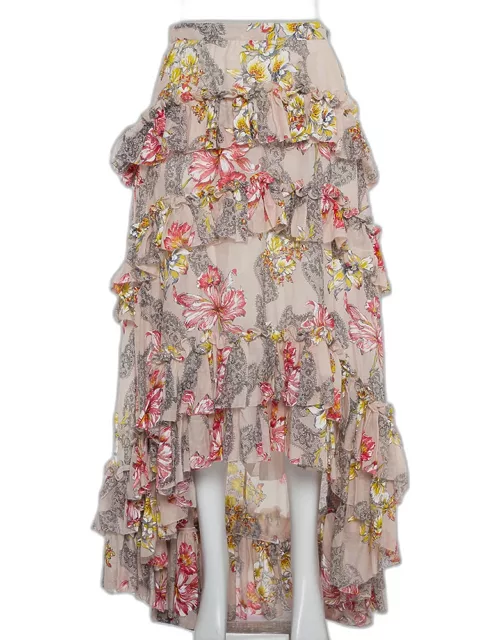 Philosophy Beige Floral Printed Cotton & Silk Ruffled Asymmetric Hem Midi Skirt