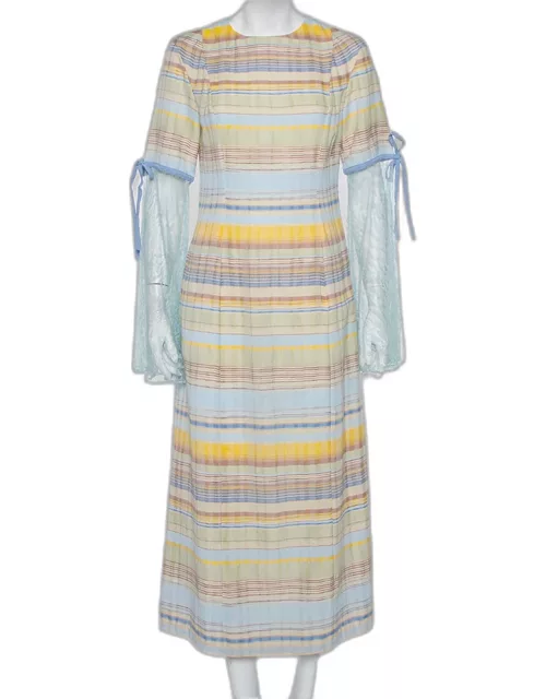 Madiyah Al Sharqi Multicolor Striped Textured Cotton Lace Trim Detail Maxi Dress